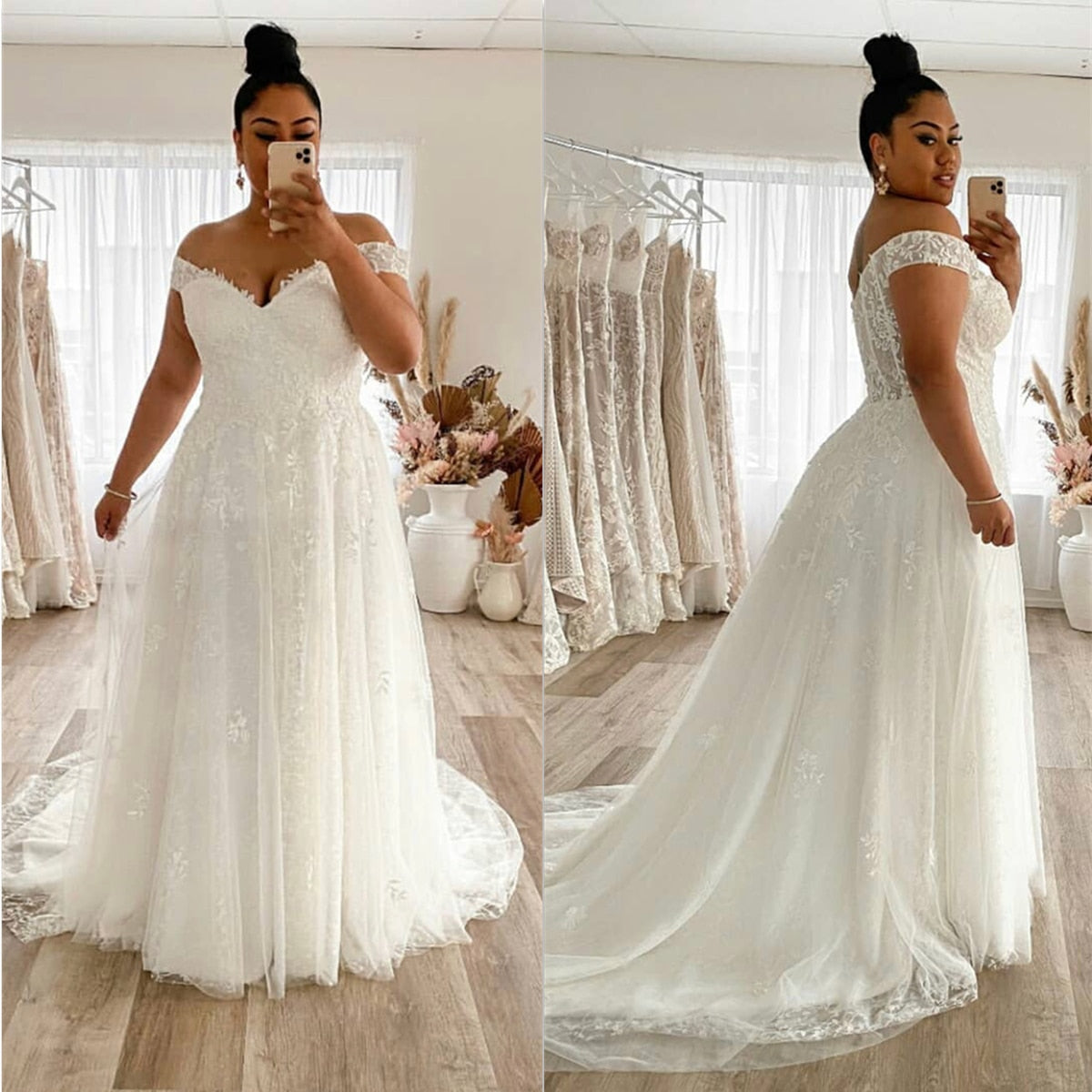 Off the Shoulder Wedding Dresses Lace Appliques Bridal Ball Gowns Sweep  Train
