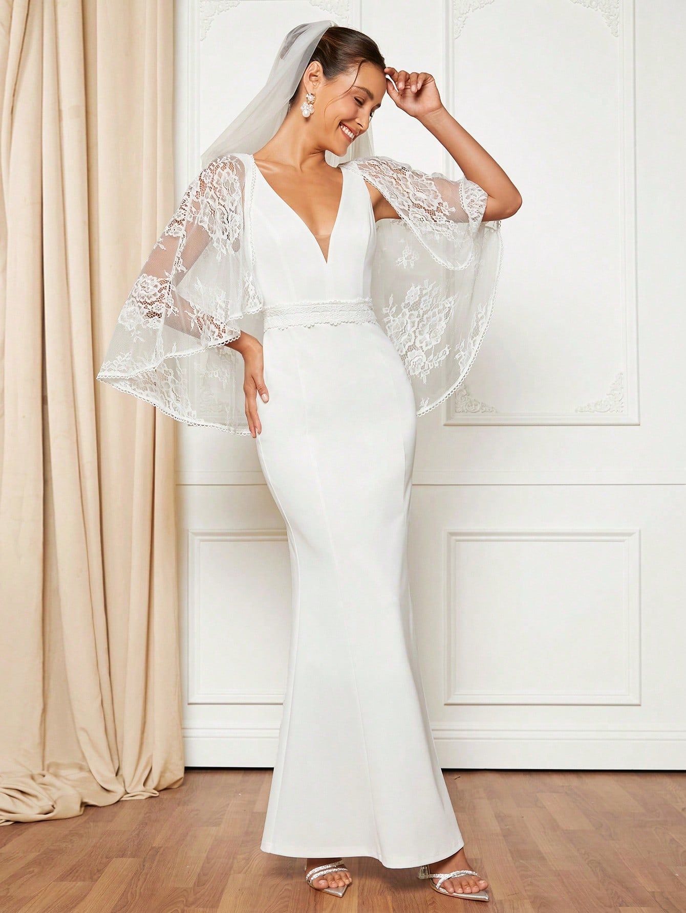 SHEIN Belle Contrast Lace Mesh Floor Length Wedding Dress Without Veil